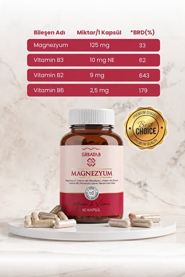 Magnezyum 3 Lü Form (BİSGLİSİNAT, SİTRAT, MALAT) & Vitamin B2 , B3 , B6 - 60 Kapsül