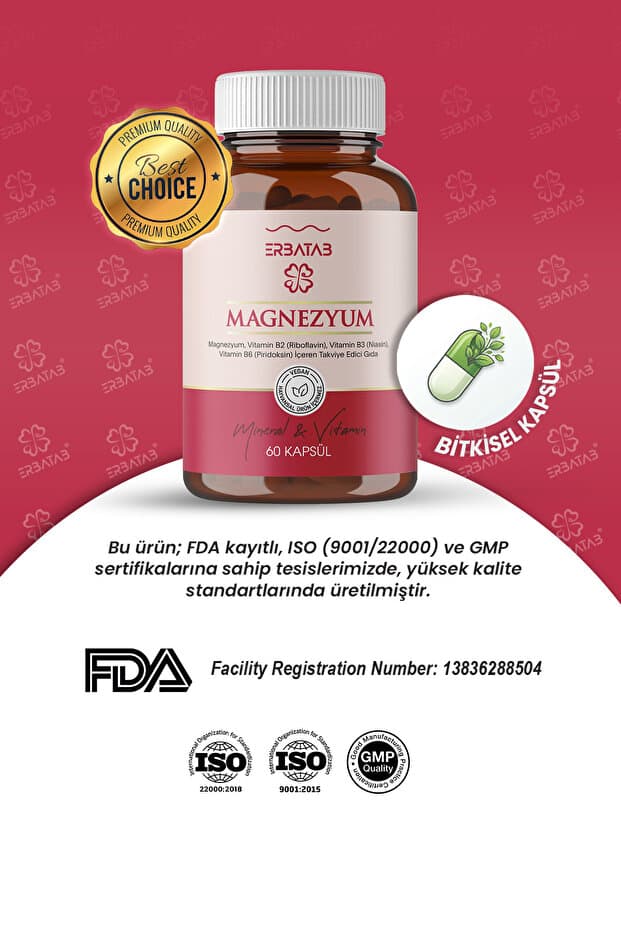 Magnezyum 3 Lü Form (BİSGLİSİNAT, SİTRAT, MALAT) & Vitamin B2 , B3 , B6 - 60 Kapsül