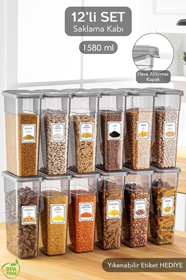 12'li Etiketli Erzak Saklama Kabı Seti - Sızdırmaz Kapaklı Bakliyat Saklama Kutusu - 12 x 1580 ml