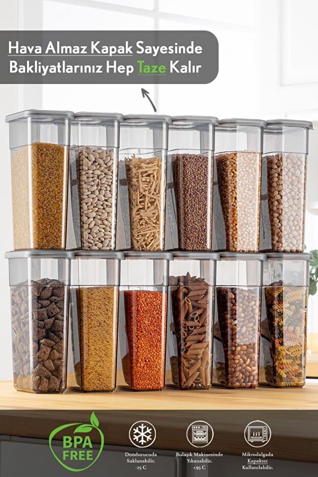 12'li Etiketli Erzak Saklama Kabı Seti - Sızdırmaz Kapaklı Bakliyat Saklama Kutusu - 12 x 1580 ml