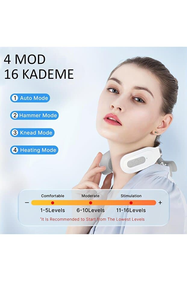 Şarjlı Mikro Elektrikli Omuz ve Boyun Masaj Aleti Isıtmalı 4 Mod 16 Kademe Servikal