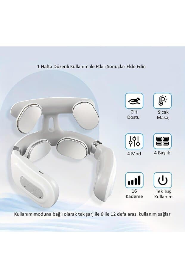 Şarjlı Mikro Elektrikli Omuz ve Boyun Masaj Aleti Isıtmalı 4 Mod 16 Kademe Servikal