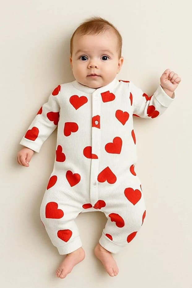 Kız Bebek Kalpli Baskılı Çıtçıtlı Yenidoğan Bebek Tulumu %100 Pamuk Esnek 1-3-6 Aylık