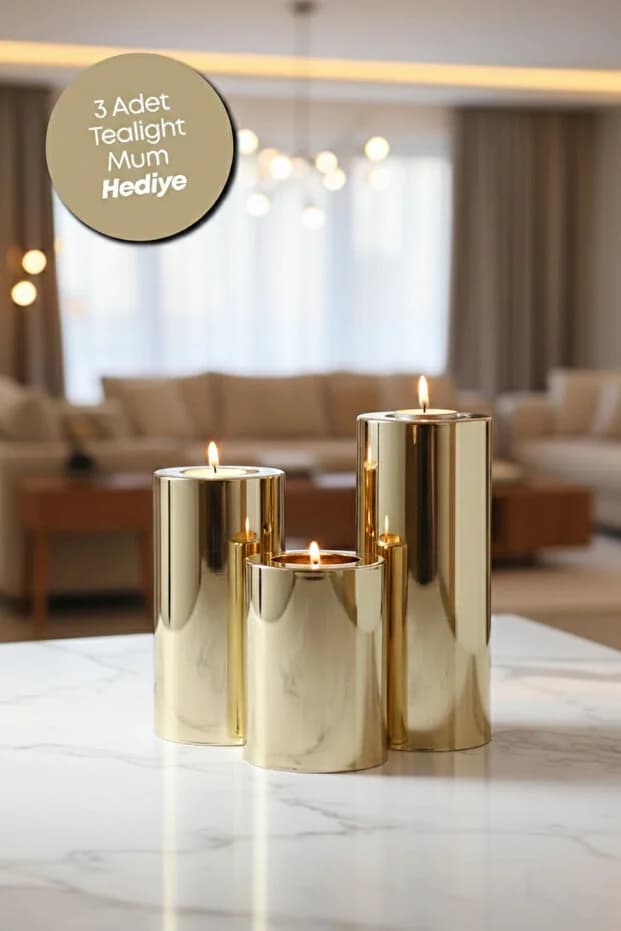 3 Lü Gold Krom Parlak Yüzey Mumluk Dekoratif Tealight Set Mum Abs Plastik Altın