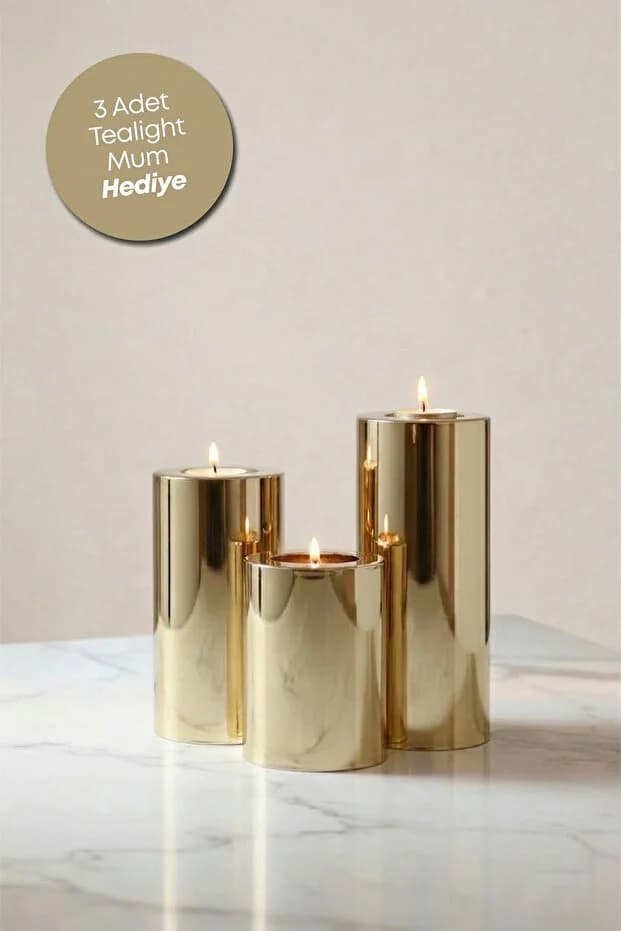 3 Lü Gold Krom Parlak Yüzey Mumluk Dekoratif Tealight Set Mum Abs Plastik Altın