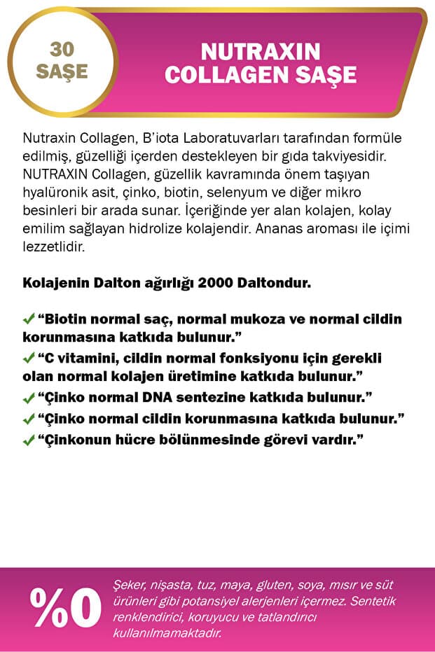 Collagen 30 Saşe 10.000 Mg Tip 1 Tip 3 Ananas Aromalı Hyalüronik Asit Çinko B5, B6, Biotin, Selenyum
