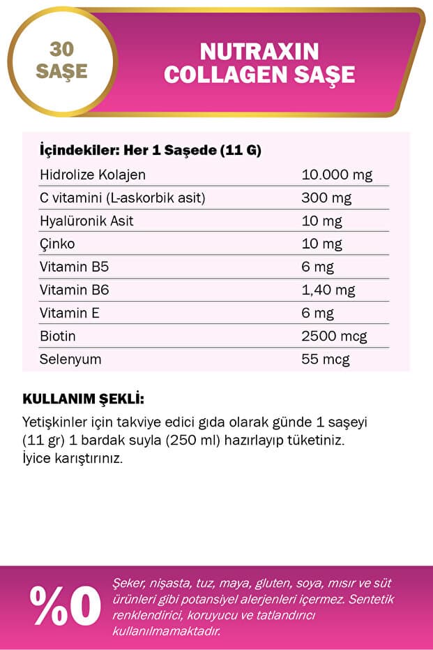 Collagen 30 Saşe 10.000 Mg Tip 1 Tip 3 Ananas Aromalı Hyalüronik Asit Çinko B5, B6, Biotin, Selenyum