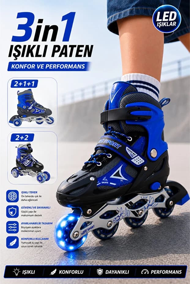 Silikon Tekerli Paten Ayarlanabilir 2+1+1, 2+2 Ve Tek Sıra Paten Işıklı Çocuk Pateni 3 in 1