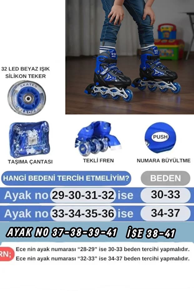 Silikon Tekerli Paten Ayarlanabilir 2+1+1, 2+2 Ve Tek Sıra Paten Işıklı Çocuk Pateni 3 in 1