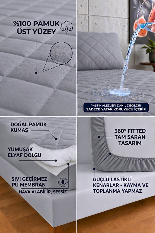 Premium %100 Pamuk Kapitone Fitted Full Kenar Su Sıvı Geçirmez Yatak Koruyucu Alez Tüm Ölçüler Gri Kahverengi Pudra
