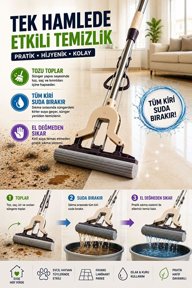 1 YEDEK SÜNGER HEDİYELİ || Kendinden Sıkmalı Kelebek Mop 💧 Banyo Temizlik En İyisi Sünger Mop Temizlik