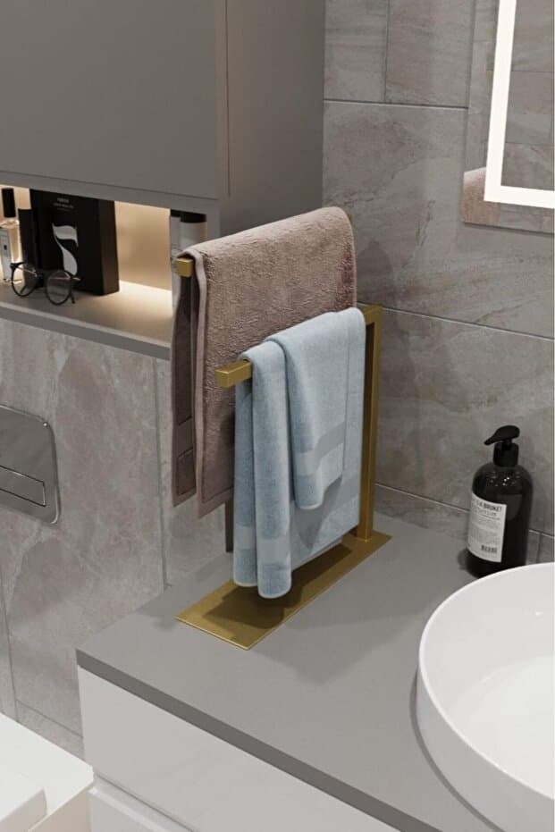 Modern Metal Havlu Askısı Tezgah Üstü Havlu Asacağı Minimalist İkili Havluluk Banyo Toparlayıcı