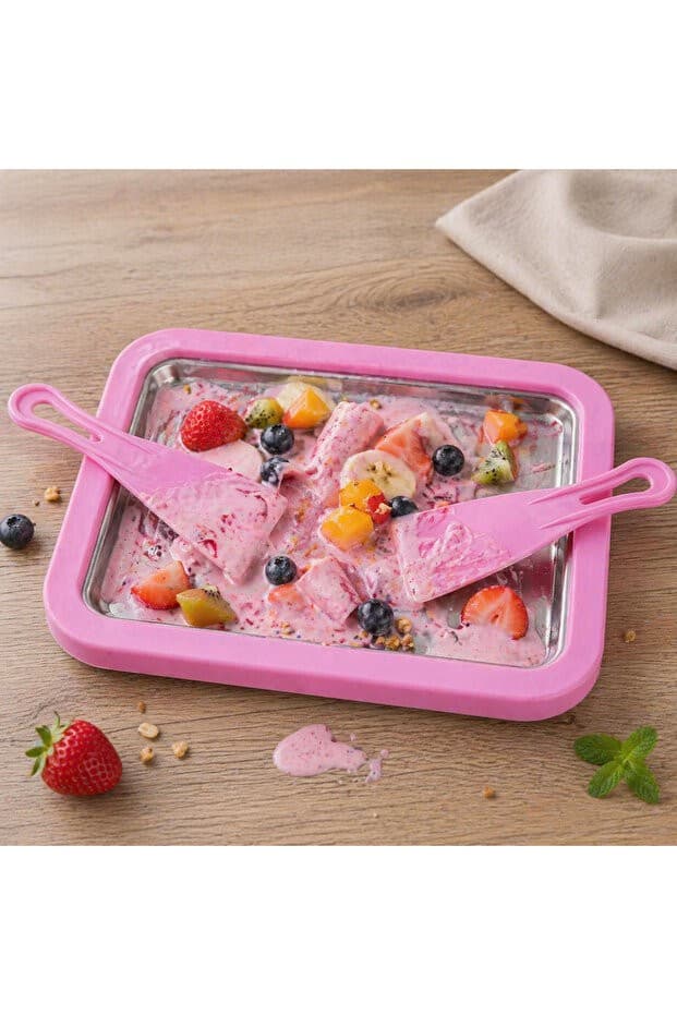 PEMBE Ev Tipi Rulo Dondurma Tepsisi Seti | Frozen Roll Ice Cream Makinesi | Spatulalı Buzlu Dondurma Yapma