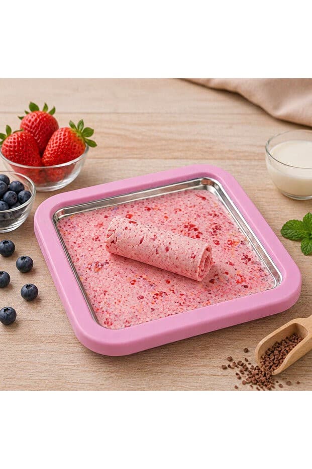 PEMBE Ev Tipi Rulo Dondurma Tepsisi Seti | Frozen Roll Ice Cream Makinesi | Spatulalı Buzlu Dondurma Yapma