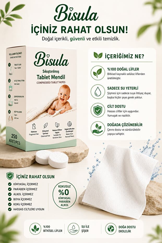 Sıkıştırılmış Tablet Mendil – Su Ile Açılan Tek Kullanımlık Bebek Temizlik Bezi (250 ADET)