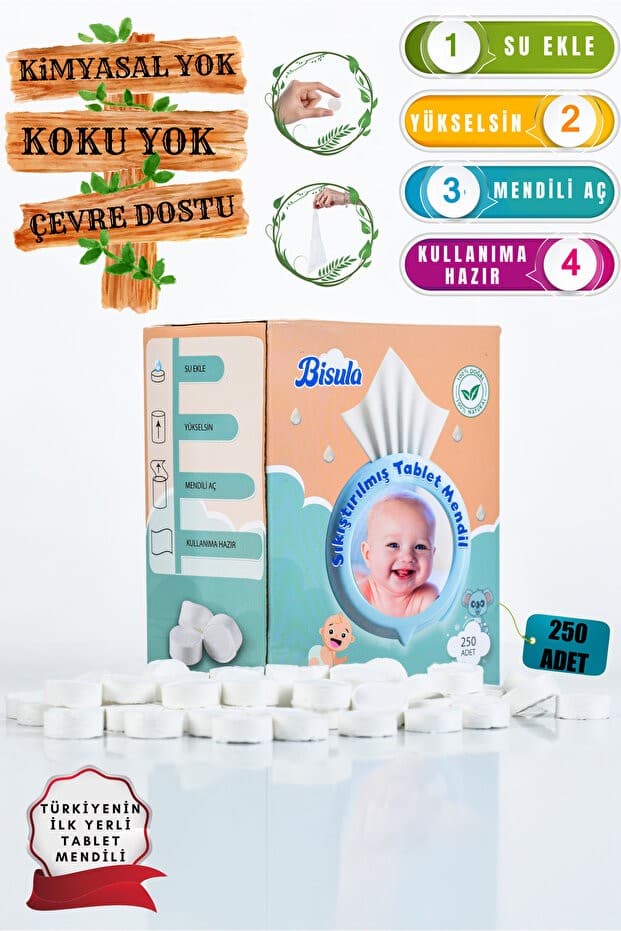 Sıkıştırılmış Tablet Mendil – Su Ile Açılan Tek Kullanımlık Bebek Temizlik Bezi (250 ADET)