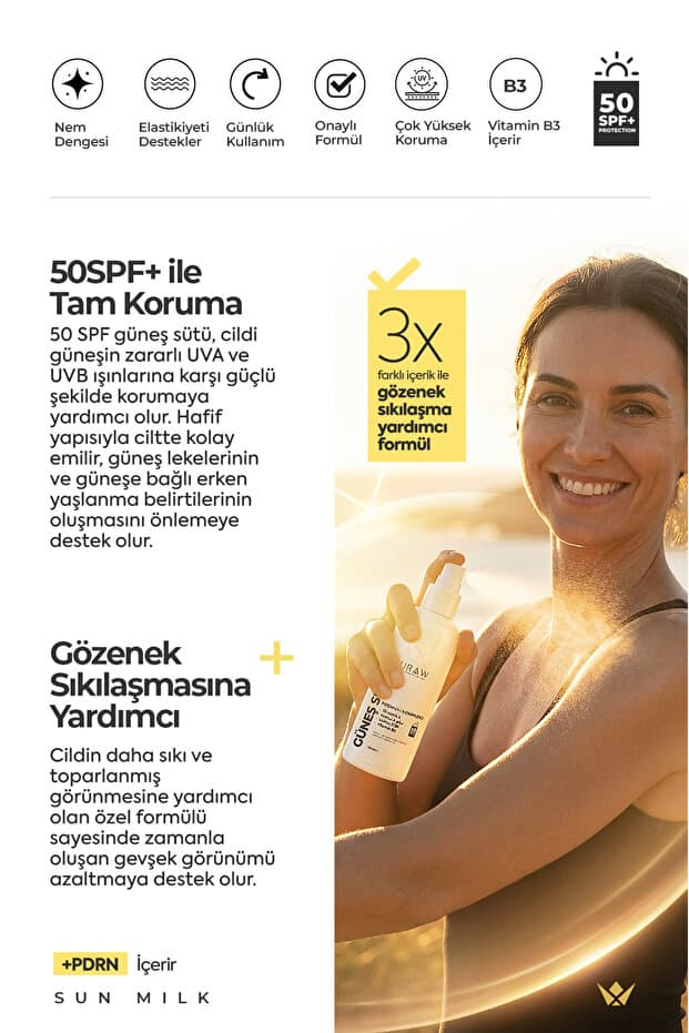 Güneş Sütü Sprey 50 SPF+ Gözenek Sıkılaştırıcı ve Leke Karşıtı | PDRN+ İçerikli Premium Bakım 125 ml