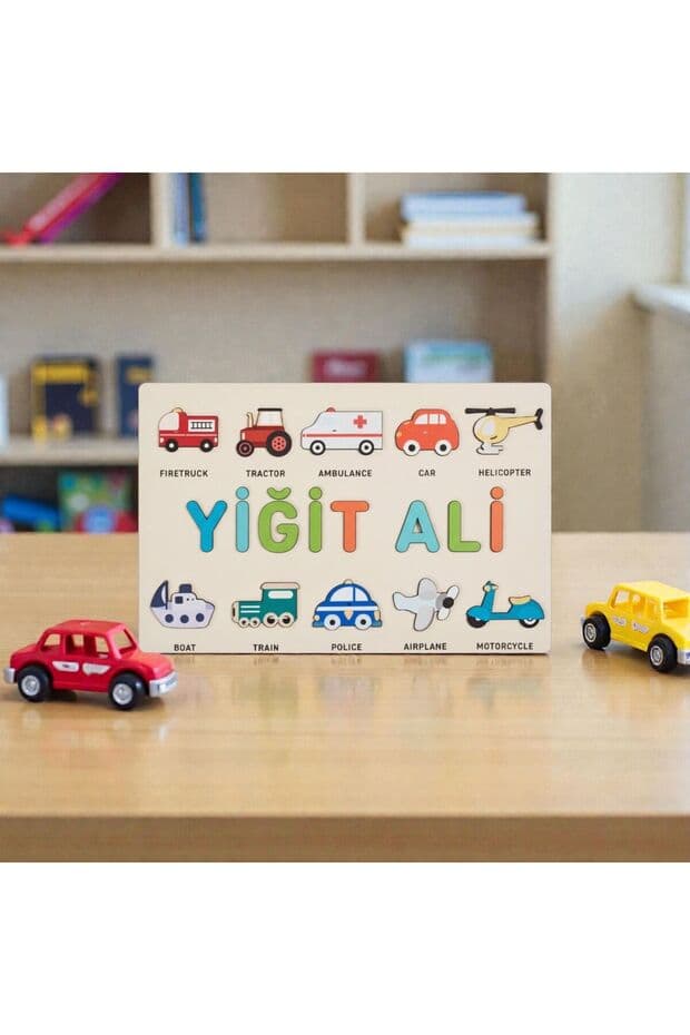 Montessori Ahşap İsme Özel Puzzle 10 Figür İngilizce Taşıtlar