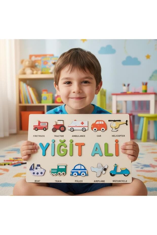Montessori Ahşap İsme Özel Puzzle 10 Figür İngilizce Taşıtlar