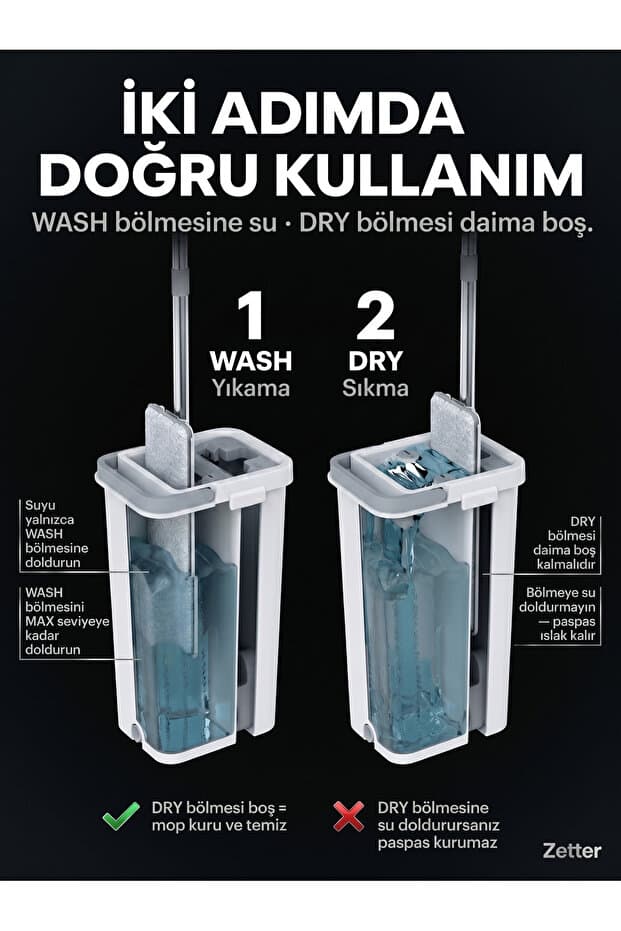 Mop Temizlik Seti, 1 Yıl Garantili, Zamanlayıcılı, 2 Bezli, Kolay Sıkmalı