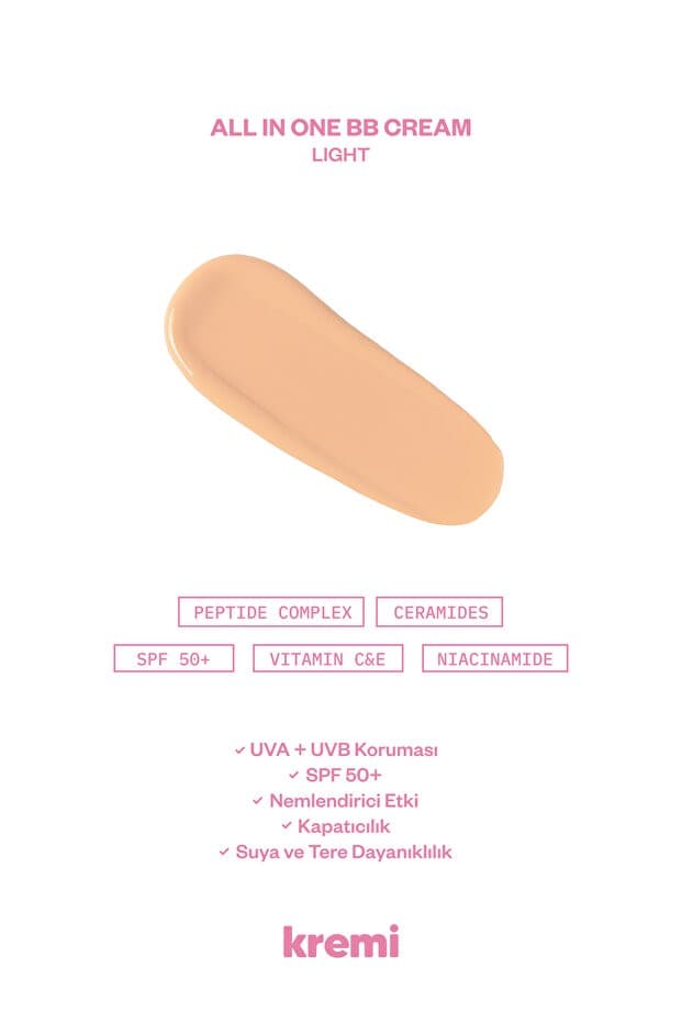 BB Krem SPF50 Yüksek Kapatıcı, Nemlendirici, Ton Eşitleyici, Aydınlatıcı