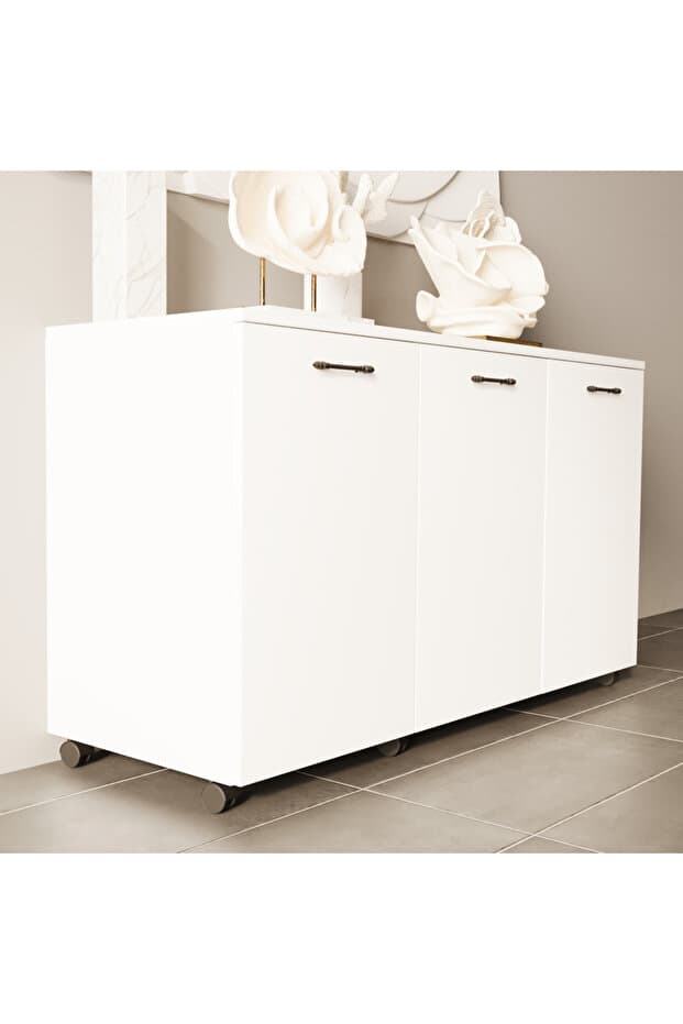 Liada-M 120 cm Tekerlekli Ada Konsol, Kiler Dolabı, Depolama Dolabı, Çok Amaçlı Dolap Parlak Beyaz Mdf Lam