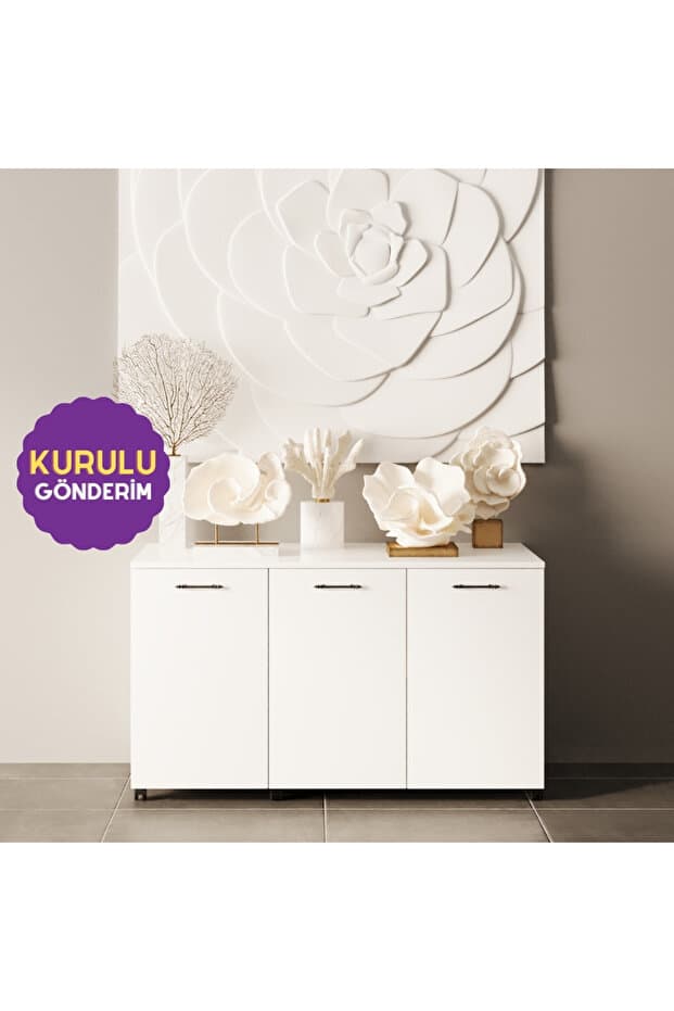 Liada-M 120 cm Tekerlekli Ada Konsol, Kiler Dolabı, Depolama Dolabı, Çok Amaçlı Dolap Parlak Beyaz Mdf Lam
