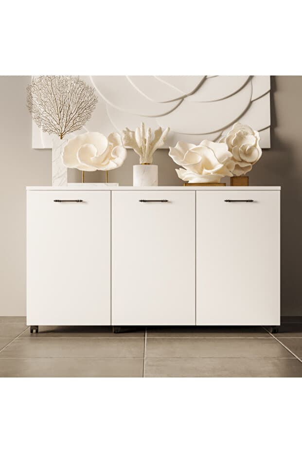 Liada-M 120 cm Tekerlekli Ada Konsol, Kiler Dolabı, Depolama Dolabı, Çok Amaçlı Dolap Parlak Beyaz Mdf Lam