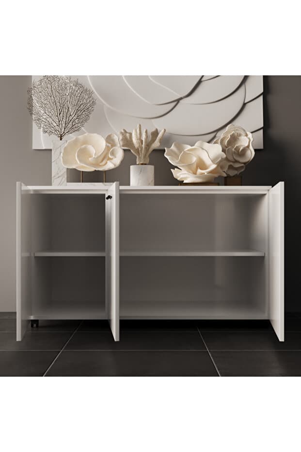 Liada-M 120 cm Tekerlekli Ada Konsol, Kiler Dolabı, Depolama Dolabı, Çok Amaçlı Dolap Parlak Beyaz Mdf Lam