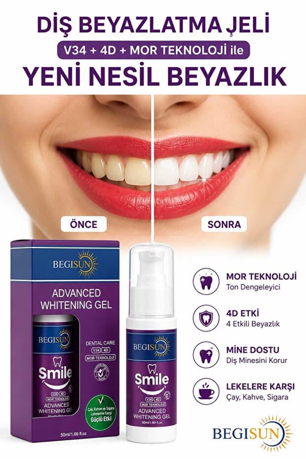 Begisun V34 + 4D | Mor Teknoloji ile Gelişmiş Formül Diş Beyazlatma Jeli
