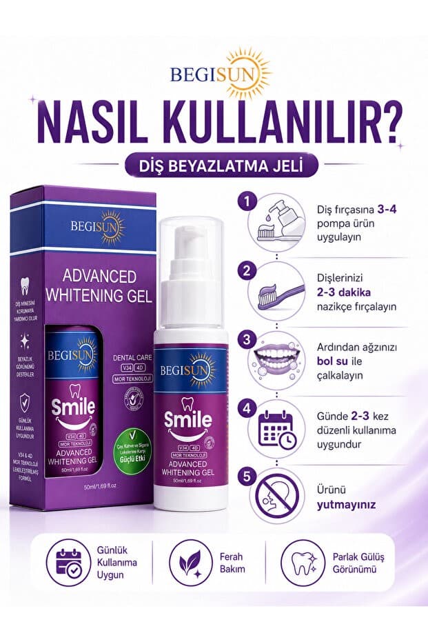 Begisun V34 + 4D | Mor Teknoloji ile Gelişmiş Formül Diş Beyazlatma Jeli