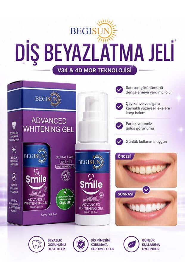 Begisun V34 + 4D | Mor Teknoloji ile Gelişmiş Formül Diş Beyazlatma Jeli