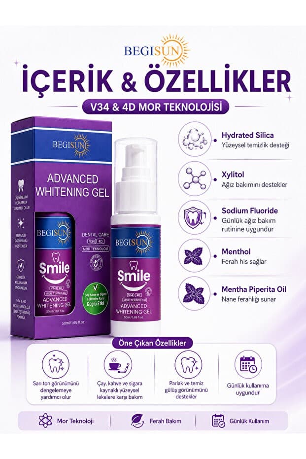 Begisun V34 + 4D | Mor Teknoloji ile Gelişmiş Formül Diş Beyazlatma Jeli