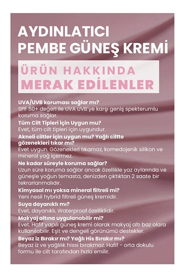50 Spf+ Aydınlatıcı Pembe Güneş Koruyucu Krem 30 ml