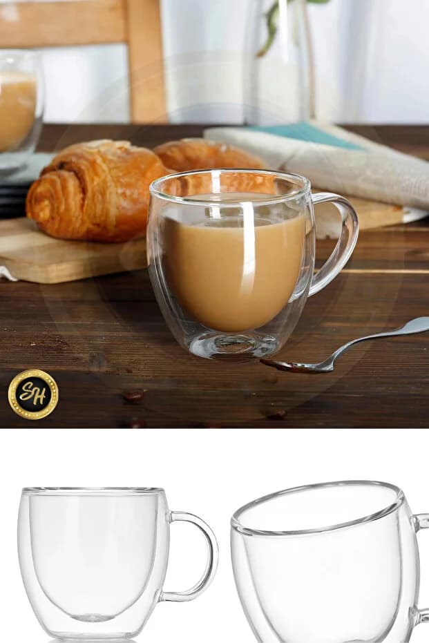 Çift Camlı Çift Cidarlı Cam Kupa 200 ml Ev Ofis Fincan Çift Katlı Isı Yalıtımlı Kulplu Bardak Fincan